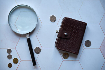 monety, brązowy portfel i lupa na tle plastry miodu,polski złoty 