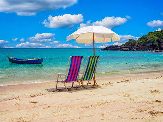 Azeda Beach with two chairs and umbrella in Buzios, Rio de Janeiro, Brazil. Seascape of Buzios