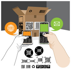 An example Mobile Phone scanning both a QR Code and Barcode label on a Packaging Box. Graphic call out speech balloons indicate 2 connection options - a website (Globe icon) and email (Envelope icon).