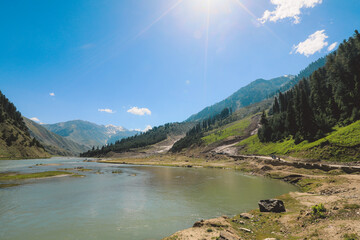 Wonderful Landscape of the Mountain River in the Gilgit Baltistan Hills, Pakistan 