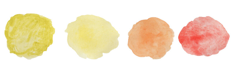 A set of watercolor circles, namely two yellow, orange and red on a white background