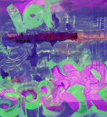 Modern abstract colorful graffiti painting with hand-painted texture. Oil on canvas. Blue-pink-green painting with plashes, drops of paint, paint smears, letters.