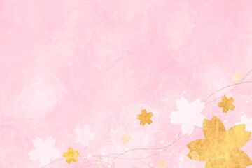 春のかわいい和風背景）桜の花柄・ピンク　金色の紙吹雪　ナチュラル　テキストスペース　温かい