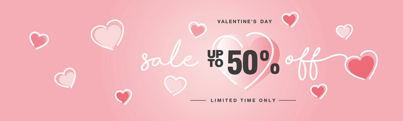 Valentine's Day Sale up to 50 % off handwritten typography lettering line design with many sweet pink hearts Promotion shopping template for Love and Valentine's Day concept