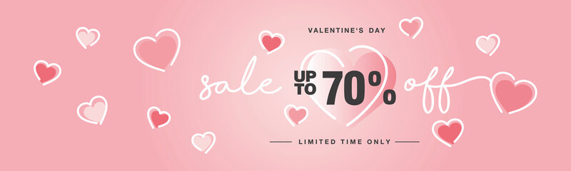 Valentine's Day Sale up to 70 % off handwritten typography lettering line design with many sweet pink hearts Promotion shopping template for Love and Valentine's Day concept