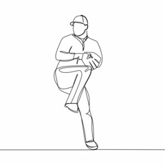 Continuous one simple single abstract line drawing of pitcher baseball sport concept in silhouette on a white background. Linear stylized.