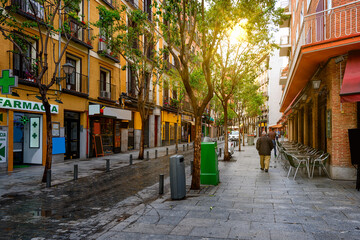 Old street in Madrid, Spain. Architecture and landmark of Madrid, postcard of Madrid.