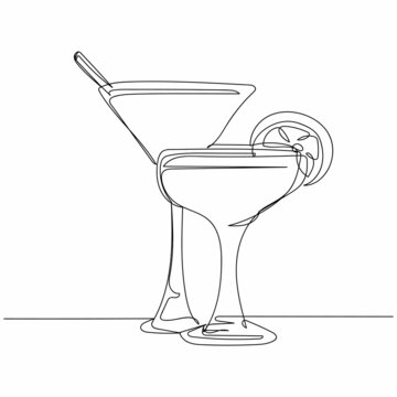 recommend clip art: Continuous one simple single abstract line drawing of cocktails in silhouette on a white background. Linear stylized.