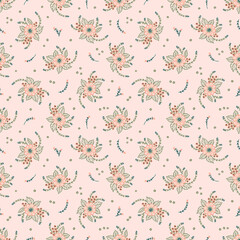 Ditsy print. Pink Outline Flower Bouquets Seamless Pattern. Vector Floral design. Plant background