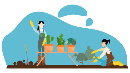 Make a garden on vacation. Young women help gardening on vacation.outdoor activities.flat design vector illustration..