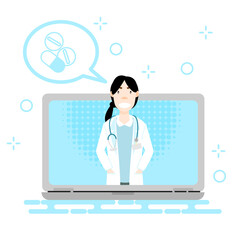  Online doctor. Medical technology concept. Flat design vector illustration. Doctor in laptop