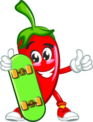 vector mascot character illustration of cute chili carrying a skateboard
