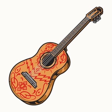 Painted acoustic guitar in vintage style