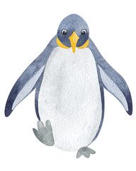 Watercolor illustration. Childish illustration of cute north pole animals. Wild animals and birds of the Arctic. For the design of holiday cards, birthday, sublimation, children's design, stickers.