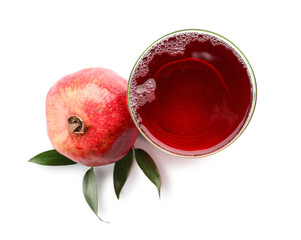 Glass of delicious pomegranate juice and fresh fruit on white background