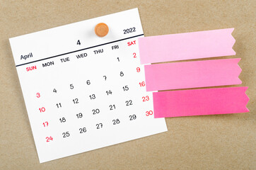 April 2022 calendar with blank adhesive note paper