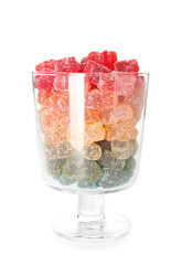 Cup with different jelly bears on white background