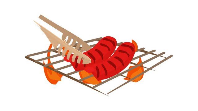 Cooking sausage on bbq icon animation best cartoon object on white background