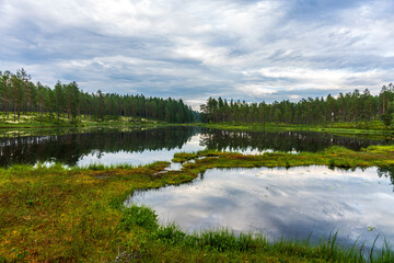 Fototapeta na wymiar View across a small forest lake with dead calm water