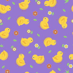 Vector Pattern of cartoon chickens. Seamless structure, children's wallpaper, textile. Chickens, grass, flowers and leaves.