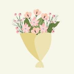 Bouquet of pink flowers in yellow paper.