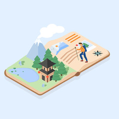 Tourism isometric concept. Book with asian landscape