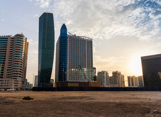 Fototapeta na wymiar Dubai, UAE - 01.19.2021 - Early morning hour in Business Bay district. City