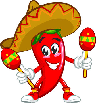vector mascot character illustration of cute chili wearing traditional Mexican wide hat playing maracas music happily