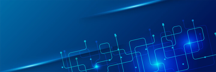 Networking neon style blue wide banner design background. Abstract modern 3d banner design with dark blue technology geometric background. Vector illustration