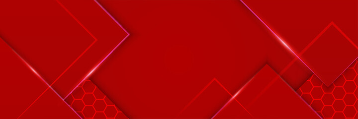 Obraz premium Corporate business red wide banner design background. Abstract modern 3d banner design with dark red technology geometric background. Vector illustration