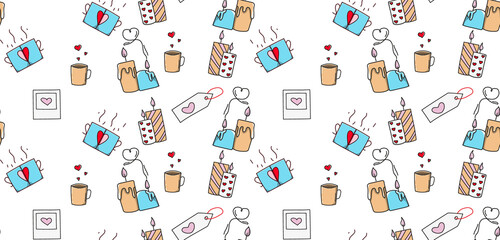 seamless pattern for valentine's day, couple mugs, candles, love, hearts, love picture.