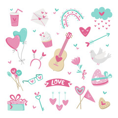 Collection of cute elements for Valentine's Day. Love. Set of hearts, flowers and sweets stickers. Isolated on white background. Freehand vector illustration