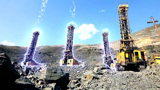 Drilling rig. Iron ore mining visualization. Drilling machine in a quarry. Modern technologies in an iron ore quarry. Drilling rig in an iron ore quarry.