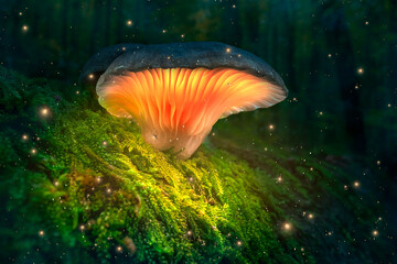 Magical forest and glowing mushrooms with fireflies in dark forest