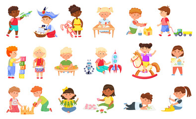 Kids playing and crafting, handmade in kindergarten. Vector child and kids, boy and girl in kindergarten play with toys illustration