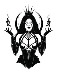 Fototapeta premium lunar Goddess Hecate ancient Greek mythology hand drawn black and white isolated vector illustration. Tattoo or print design. Vector illustration.