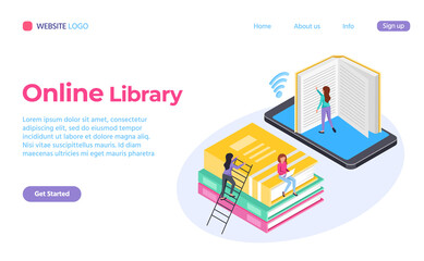 Online library isometric 3d style web landing page. Vector library web online, internet digital knowledge, book for study illustration