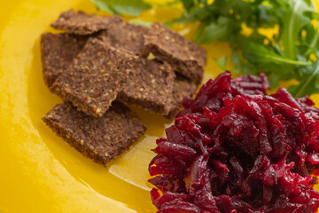 Useful breakfast. Foods containing iron. Increase in hemoglobin. Low hemoglobin. Strengthening immunity. Rye crackers. Healthy food. Healthy lifestyle. Fresh arugula.
