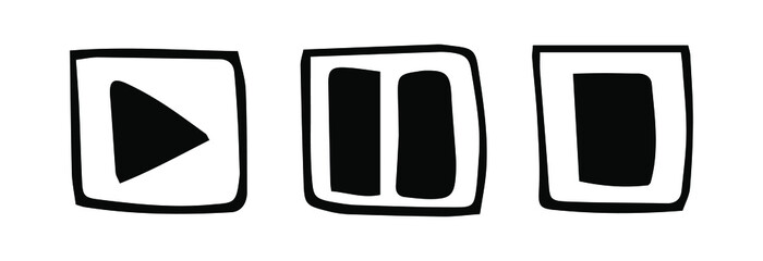Set of black vector icons play, stop, pause. Hand drawn