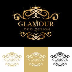 Golden calligraphic floral hand drawn monogram antique vintage style luxury logo design