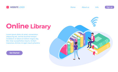 Reading online service isometric, library landing page. Illustration of online library and internet template content vector