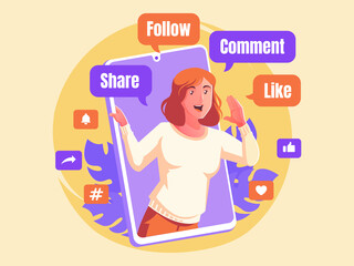 Women shout promotion social media share follow comment and like