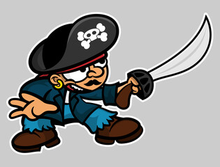 Cartoon illustration of pirate captain wearing cap with skull and crossbone logo and fight with sabre, best for mascot, logo, sticker, and decoration with pirate themes
