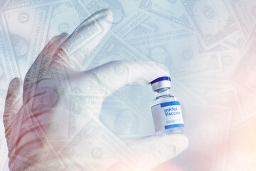 Hand with glove holds a container of mrna vaccine, dollar banknotes on the gradient background. 