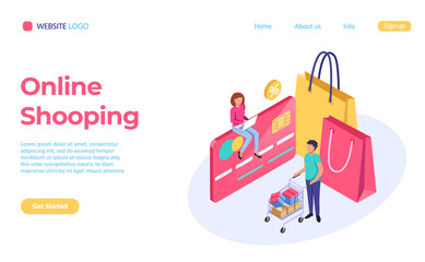 Online shopping isometric, remotely buy in store or shop. Vector of consumer buy, shopping e-commerce, retail trade illustration