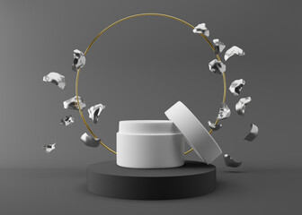 White and blank, unbranded cosmetic cream jar standing on gray podium with golden ring and silver flower petals. Skin care product presentation. Elegant mockup. Skincare, beauty and spa. 3D rendering.