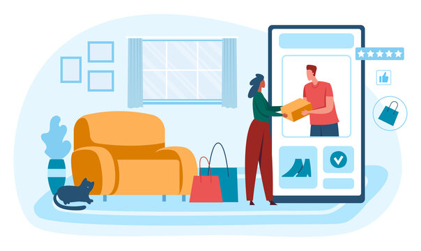 Shopping online, buy pay and receive parcel at home. Vector online shipping parcel, payment and delivery product illustration