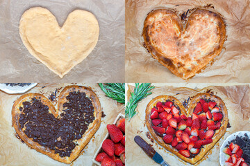 The process of making heart shaped valentin day pizza for the Valentine's Day holiday, raw dough,...