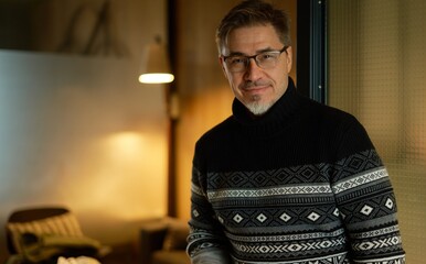 Happy man at home in scandinavian turtleneck sweater, smiling. Portrait of mature age, middle age, mid adult man in 50s wearing glasses.