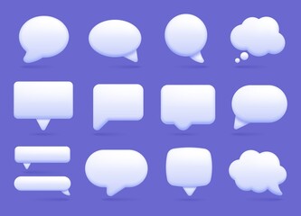 3d white speech bubble, social media chat message icon. Empty text bubbles in various shapes, comment, dialogue balloon vector set. Thought clouds of different shape as rectangle, ellipse © Frogella.stock
